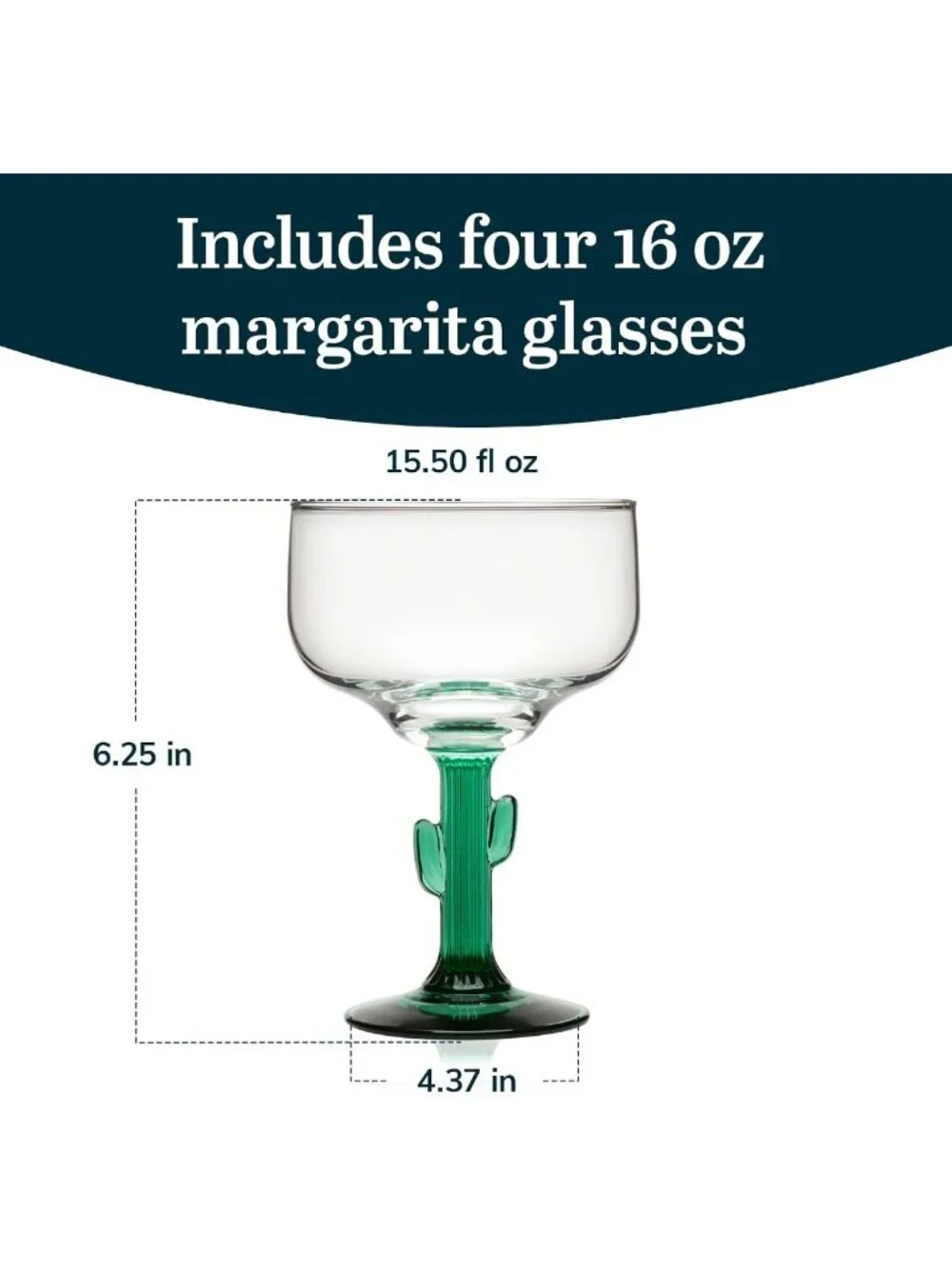 Cactus Margarita Glasses Set of 4 - Durable Green Stemmed Cocktail Glasses, 16